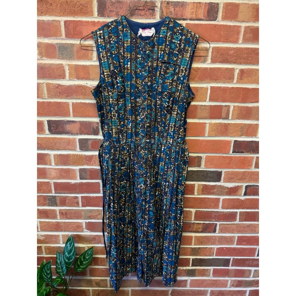 Vintage Kay Windsor Blue Tribal Print Button Front Midi Dress